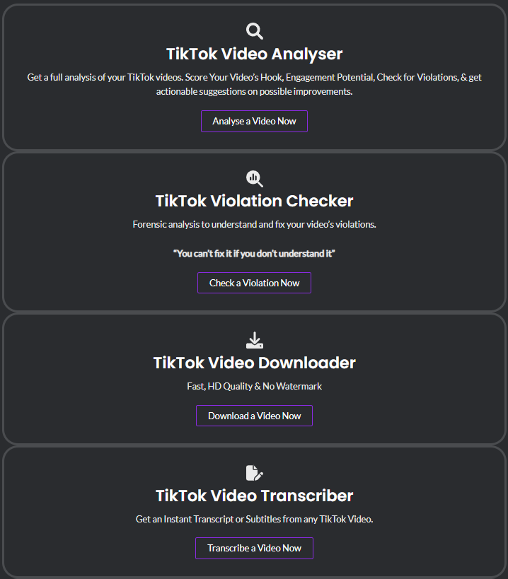 screenshot showing a list of the creator tools