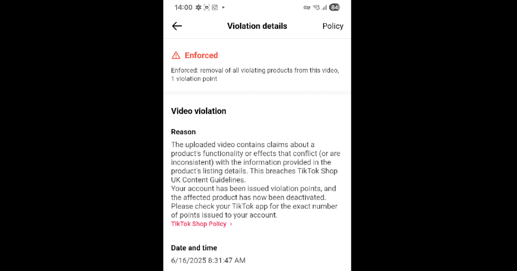 featured image showing my TikTok Violation Notice for my TikTok Shop Affiliate Berberine video